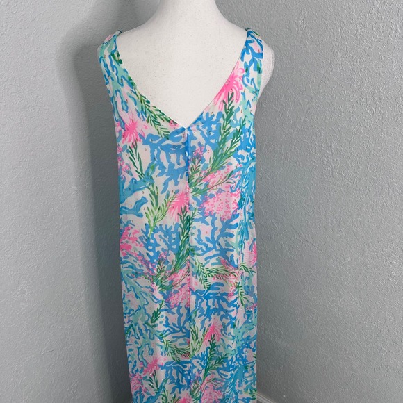 Lilly Pulitzer Lani Blue Pink Coral Metallic Maxi Dress Womens Medium - Picture 5 of 10